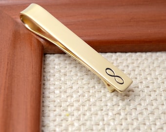 Brass Infinity Tie Clip, Gold Tone Tie Clip, Valentines Gift for Him, Personalized Tie Bar, Engraved Tie Clip, Gift for Husband,