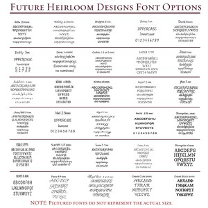 May include: A chart displaying various font options for jewellery personalisation. The chart features font names, sizes, and examples of the fonts in uppercase and lowercase. The fonts are categorised by style, such as script, serif, and sans-serif. The chart also includes a note that the pictured fonts do not represent the actual size.