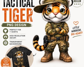 Cute Tactical Tiger Shirt PNG, Chibi Military Tiger T-Shirt Design, Warrior Tiger Clipart, Funny Soldier Animal Tee, Digital Download