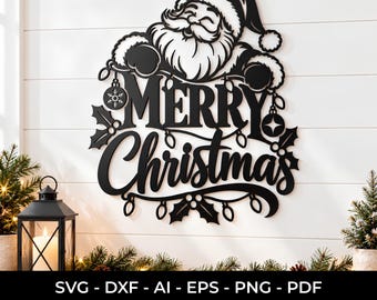 Merry Christmas Sign SVG DXF, Santa Hat Christmas Lights Cut File, Santa Beard Laser Cut Wall Decor, Cricut Glowforge