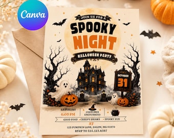 Minimalist Halloween Party Invitation, Cute Ghost Editable Canva Template, Printable Digital Download