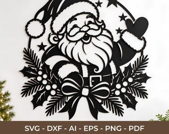 Christmas Santa Face SVG DXF, Santa Claus Cut File, Holiday Wall Decor, Laser Cut Santa Silhouette, Cricut Glowforge Ai Eps Png Pdf