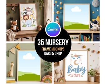 Nursery Frame Mockup Bundle, 35 Kids Room Wall Art Scenes, Canva Print Display, Digital Download