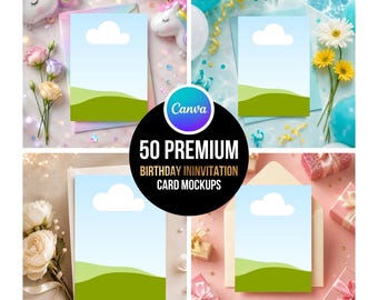 50 Birthday Invitation Mockups, Canva Editable Card Display Bundle for Designers & Etsy Sellers, 5x7 Drag and Drop, Instant Download