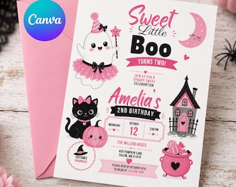 Sweet Little Boo Turns Two Invitation, Pink Halloween Girl 2nd Birthday Canva Template