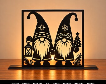 Christmas Candle Holder Laser Cut Files, Gnome Silhouette Sign, Winter Gnomes Tealight Shelf Sitter SVG DXF AI, Christmas Decor