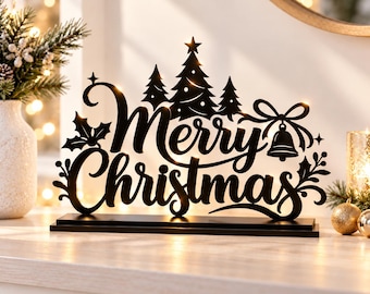 Merry Christmas SVG DXF, Tabletop Sign Cut File, Christmas Tree Laser Cut Metal, Plasma CNC Holiday Table Decor, Glowforge
