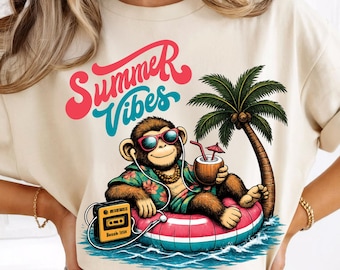 Summer Vibes Monkey PNG, Funny Summer Shirt Design, Tropical Monkey Sublimation, Retro Summer T-Shirt Design, Instant Download