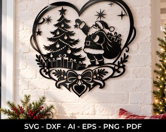 Heart Shaped Christmas SVG DXF, Santa Claus Christmas Tree Cut File, Laser Cut Santa Wall Decor, Cricut Glowforge Plasma