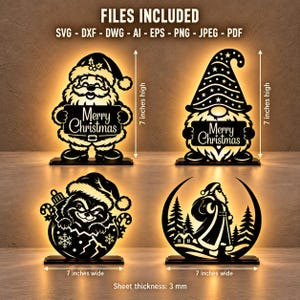 May include: Four black laser-cut Christmas designs including Santa, a gnome, a raccoon in an ornament, and a winter scene. Each design is 7 inches high and 7 inches wide with a 3 mm sheet thickness. Files included: SVG, DXF, DWG, AI, EPS, PNG, JPEG, PDF.