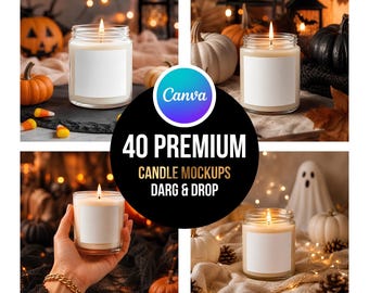 40 Canva Candle Mockup Bundle | Fall Halloween Cozy Candle Product Photos | Editable Blank Label Branding Mockups for Etsy Sellers