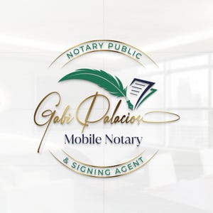 以下が含まれることがあります： Gabi Palaciosのモバイル公証人および署名エージェントのロゴ。デザインは、金色のスクリプト名、緑色の羽根ペン、およびドキュメントを特徴としています。「Notary Public」と「Signing Agent」の文字も含まれています。