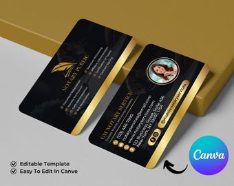 May include: Two business cards with a black and gold design. One card reads "NOTARY PUBLIC" and lists services. The other card features a photo and contact information for "GM NOTARY SERVICE". The Canva logo is in the corner.