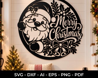 Merry Christmas Santa SVG DXF, Round Santa Face Sign Cut File, Laser Cut Christmas Wall Decor, Cricut Glowforge Plasma