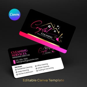 以下が含まれることがあります： Crystal Cleaning Servicesの名刺デザイン。カードは黒い背景にピンクと金のアクセントがあります。会社のロゴには家のアイコンと「Crystal Cleaning」の文字が含まれています。記載されているサービスには、住宅、ディープ、Airbnbのクリーニングが含まれます。