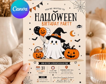 Halloween Birthday Invitation Editable Canva Template, Cute Ghost Pumpkin Kids Party Invite, Spooky Birthday Printable Digital Download