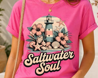 Summer Saltwater Soul T-shirt Design - Vibrant Lighthouse & Beach Vibes, PNG Digital Download