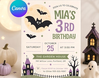 Halloween Birthday Invitation Template, Haunted House Bats Canva Invite, Kids Halloween Party Printable 5x7, Spooky Instant Download