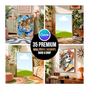 May include: A collection of 35 premium wall frame mockups featuring various interior settings with framed artwork including a leopard in water, a landscape with a cloud, and a stylised portrait of a person wearing a floral hat and sunglasses.