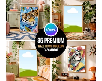 35 Retro Frame Mockups Bundle, Canva Drag and Drop Wall Art Mockups, Vintage Interior Poster Mockup, Etsy Seller Digital Download