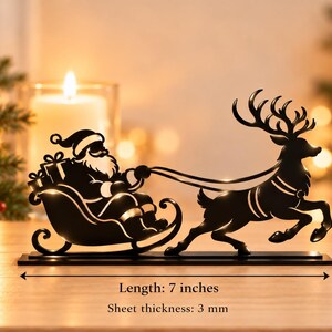 サンタのそりとトナカイのSVG、DXF、DWG、クリスマスレーザーカットファイル、金属プラズマカットシルエット、グローフォージサンタデコレーション、テーブルトップセンターピース