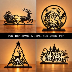 May include: Four black laser-cut decorative displays featuring Christmas themes: Santa in a sleigh with a reindeer, a circular portrait of Santa and a reindeer, a triangular tree with a deer, and the text Merry Christmas with a bell and trees.