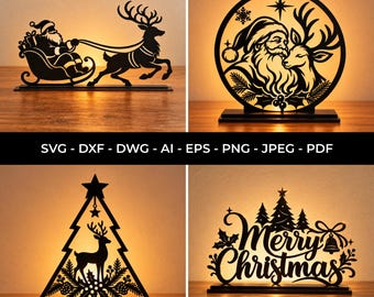 Christmas Laser Cut Files, Santa Sleigh Reindeer Candle Holder, Moon Village SVG DXF AI, Shelf Sitter Christmas Decor