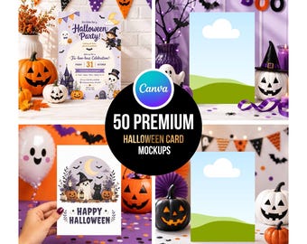 Halloween Card Mockup Bundle, 5x7 Kids Birthday Invitation Canva Template
