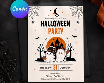 Halloween Party Invitation | Spooky Ghost Haunted House Invite Card | Canva Editable Template | Digital Download