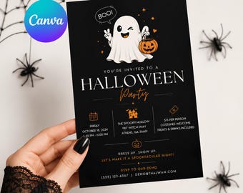 Halloween Party Invitation, Editable Canva Template, Ghost Costume Party Invite, Black Orange