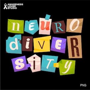 May include: A colorful graphic design with the words "neurodiversity" spelled out in torn paper letters. The letters are in various colors, including blue, green, yellow, brown, and purple.