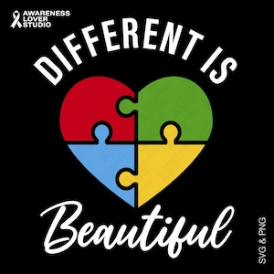 Può includere: Design grafico su sfondo nero con un puzzle a forma di cuore composto da quattro pezzi rossi, verdi, blu e gialli. Le parole "DIFFERENT IS" sono sopra il cuore e "Beautiful" sotto, il tutto in bianco.