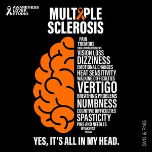 May include: A black graphic with the words "Multiple Sclerosis" and a brain illustration in orange. The image lists symptoms like pain, dizziness, and fatigue. Text at the bottom reads "Yes, it's all in my head."