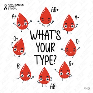 Könnte beinhalten: Grafik mit Cartoon-Blutstropfen, die verschiedene Blutgruppen darstellen, wie A+, O+, B-, AB+, A-, O-, B+, und AB-. Der Satz "WHAT'S YOUR TYPE?" steht in der Mitte. Von Awareness Lover Studio.