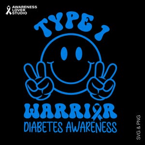 May include: Black graphic design featuring a blue smiley face making a peace sign with the words "TYPE 1 WARRIOR DIABETES AWARENESS". The design includes a blue ribbon, symbolizing diabetes awareness. The text "AWARENESS LOVER STUDIO" is in the top left corner.