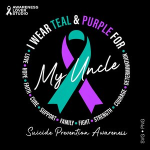 May include: A black graphic design featuring a teal and purple awareness ribbon in the center. The text reads I WEAR TEAL & PURPLE FOR My Uncle, surrounded by words like LOVE, HOPE, FAITH, CURE, SUPPORT, FAMILY, FIGHT, STRENGTH, COURAGE, DETERMINATION.