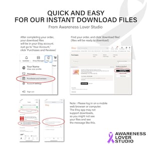 Puede incluir: Un gr&aacute;fico que muestra c&oacute;mo descargar archivos digitales de Etsy. El gr&aacute;fico muestra capturas de pantalla del sitio web y la aplicaci&oacute;n de Etsy. El texto dice "R&aacute;pido y f&aacute;cil para nuestros archivos de descarga instant&aacute;nea de Awareness Lover Studio".