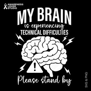 Może przedstawiać: Czarny grafika z białym tekstem i ilustracją mózgu. Tekst brzmi "MY BRAIN is experiencing TECHNICAL DIFFICULTIES. Please stand by." Biała grafika mózgu znajduje się na środku z błyskawicami i wykrzyknikiem.