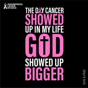 Breast Cancer Awareness SVG PNG: God Showed Up Bigger, Pink Ribbon Design (Digital Download)