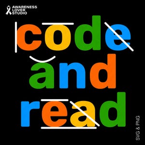 May include: A black graphic design with the words "code and read" in colorful, bold letters. The text is in orange, yellow, green, and blue. The words are stylized with white lines and a white ribbon logo in the upper left corner.