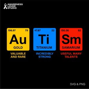 Autisme elementen periodiek Svg Png, Autism Awareness Svg, Autism Mom Svg, ondersteuning autistische digitale Download sublimatie Png & Svg Cricut