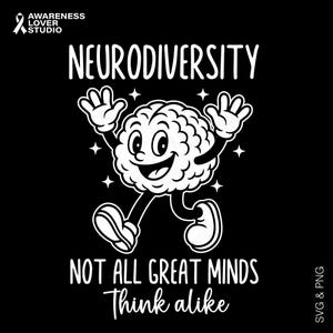 Puede incluir: Gráfico negro con las palabras "Neurodiversidad" y "Not All Great Minds Think Alike". Un cerebro de dibujos animados con brazos y piernas sonríe y saluda. La imagen incluye el texto "Awareness Lover Studio."
