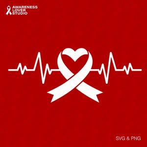 May include: A white ribbon in the shape of a heart, intertwined with a heartbeat line, set against a red background. The image includes the text "AWARENESS LOVER STUDIO" and "SVG & PNG".