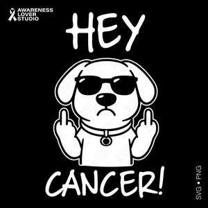 May include: A black and white graphic design featuring a cartoon dog wearing sunglasses and a collar, giving the middle finger with both paws. The text reads HEY CANCER! at the top and bottom. The logo AWARENESS LOVER STUDIO is in the top left corner.