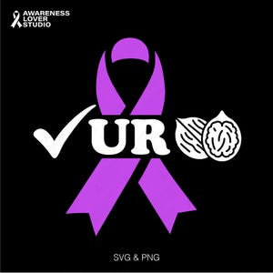 Puede incluir: Cinta morada con una marca de verificación y el texto "YOU" en blanco, con dos nueces a la derecha. La cinta es un símbolo de concienciación y apoyo.