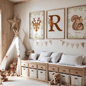 set di 3 poster personalizzati di animali della foresta - Poster - Iniziale del nome del bambino - 3 stampe - decorazione della cameretta del bambino -