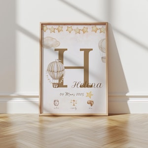 Pôster personalizado para crianças - balão de ar quente - estrela - primeiro nome - hora - peso - altura - data de nascimento - decoração de parede - quarto