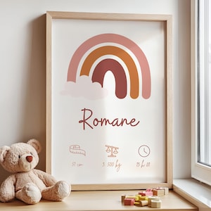 Pôster de parede personalizado - tema arco-íris - hora, peso, tamanho do nascimento - decoração de parede para quarto infantil