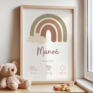 Puede incluir: Un cuadro enmarcado con un diseño de arcoíris en tonos marrones y verdes, con el nombre "Manoé" y detalles de nacimiento. La impresión incluye medidas de 41 cm, un peso de 2,550 kg y una hora de 23:45. Un oso de peluche está frente al marco.