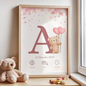 Poster personalizzato - iniziale - peso, ora, taglia, nascita - decorazione cameretta bambini